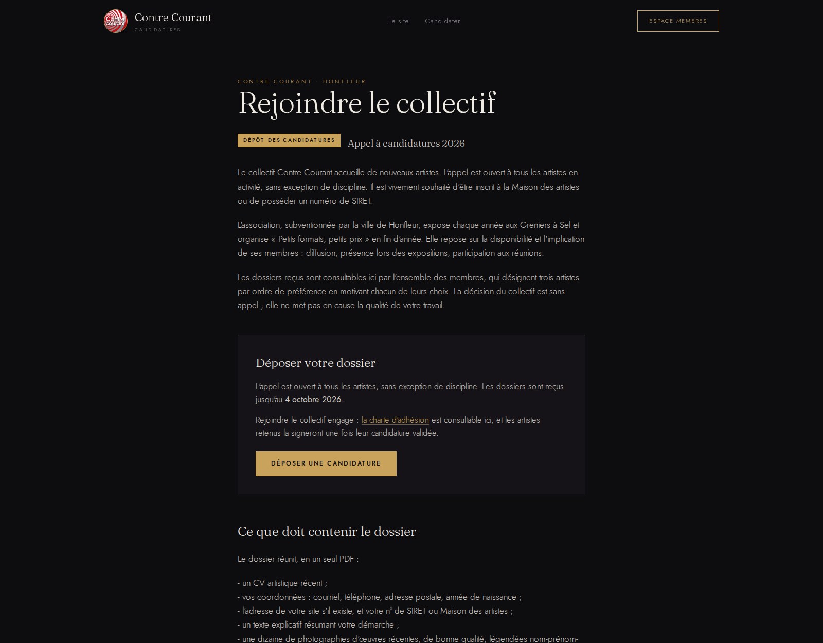 Page publique « Rejoindre le collectif » sur contre-courant.org : l'appel à candidatures 2026, un encadré « Déposer votre dossier » avec la date limite et un bouton, puis la liste de ce que doit contenir le dossier.